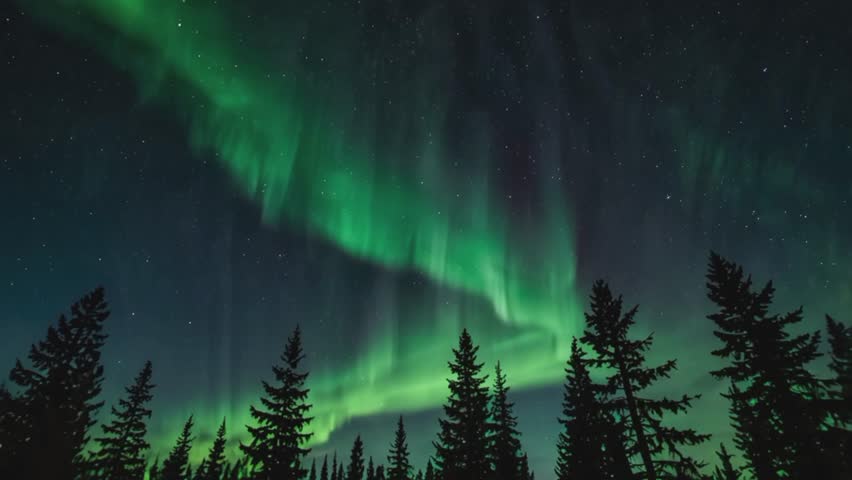 The aurora borealis, or northern lights, are a bright green display of light dancing across the dark night sky. Soft, curving streaks of light form large ribbons that stretch across the sky.