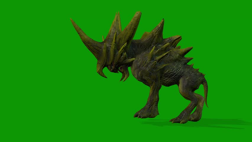 Fantasy Monster Rocknose Atacking Scene Left Side 3D Animation On Greeen Screen.