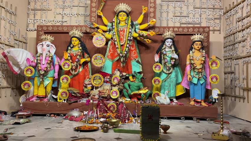 Classic style Durga idol at a pandal in Kolkata