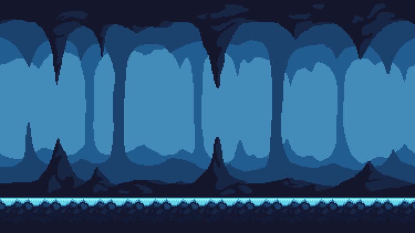 Looped pixel art animation of a frozen cave with stalactites and underground rocks. Cold parallax scrolling background for retro 2D side scroller games and fantasy adventures.