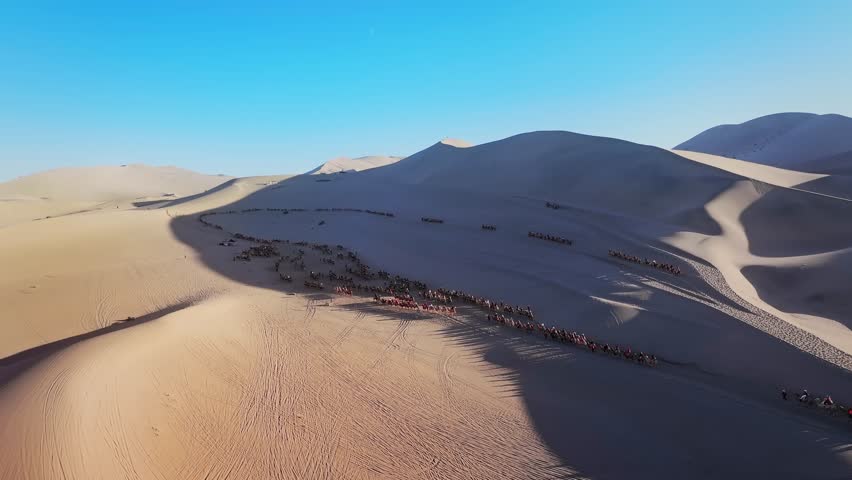 aerial view of the beautiful crescent moon spring, famous tourist destination on the silk road, dunhuang city, gansu province, China.