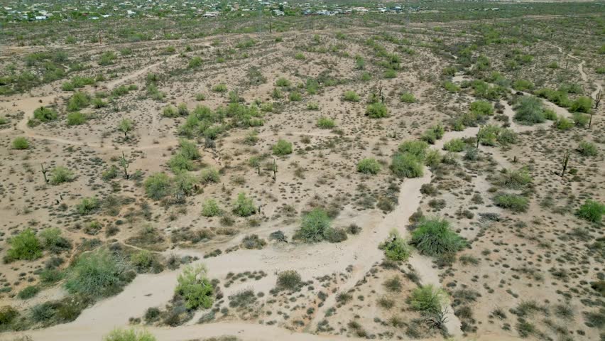 An aerial view of the Sonoran Desert floor with winding trails, sparse vegetation, and scattered shrubs, on a sunny day