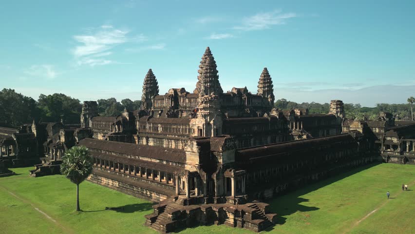 Stunning aerial footage of Angkor Wat, iconic temple complex in Siem Reap, Cambodia. Perfect for travel promo, cultural documentary, tourism advertisement, and historical concept visuals.
