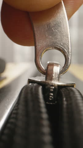 Vertical shot of zipping up suitcase as life metaphor