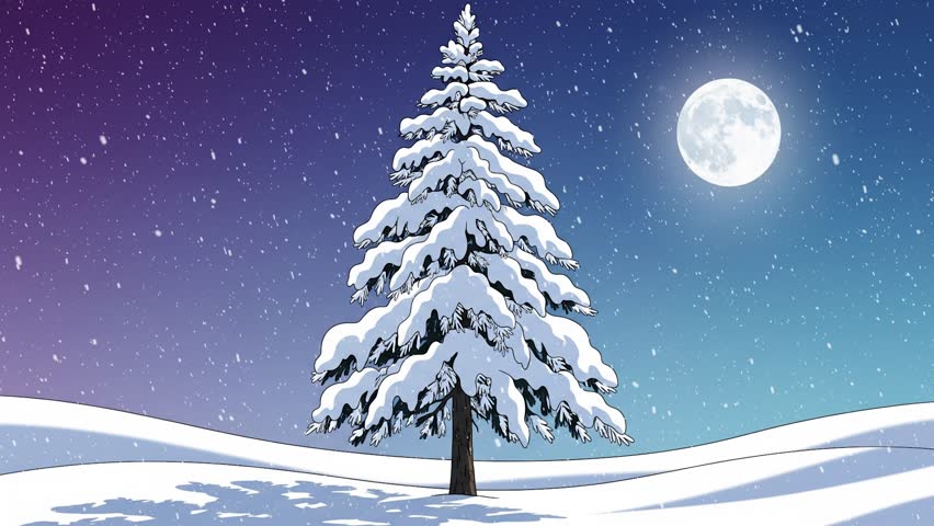 Snow Covered Pine Tree Under Night Sky with Full Moon