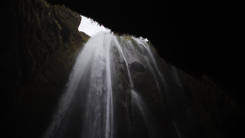 Waterfall Flowing Through Cave Opening in Iceland
