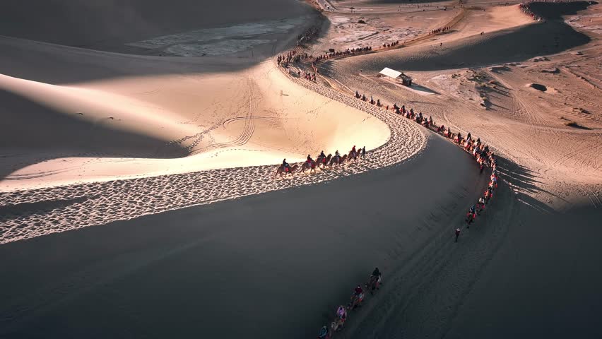 aerial view of the beautiful crescent moon spring, famous tourist destination on the silk road, dunhuang city, gansu province, China.