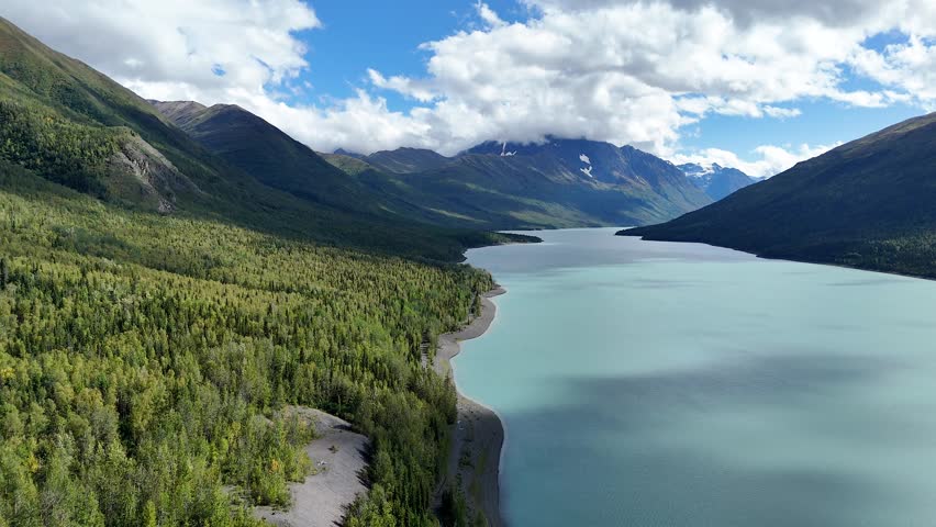Scenic Drone Flight over shore of Eklutna Lake in Chugach State Park