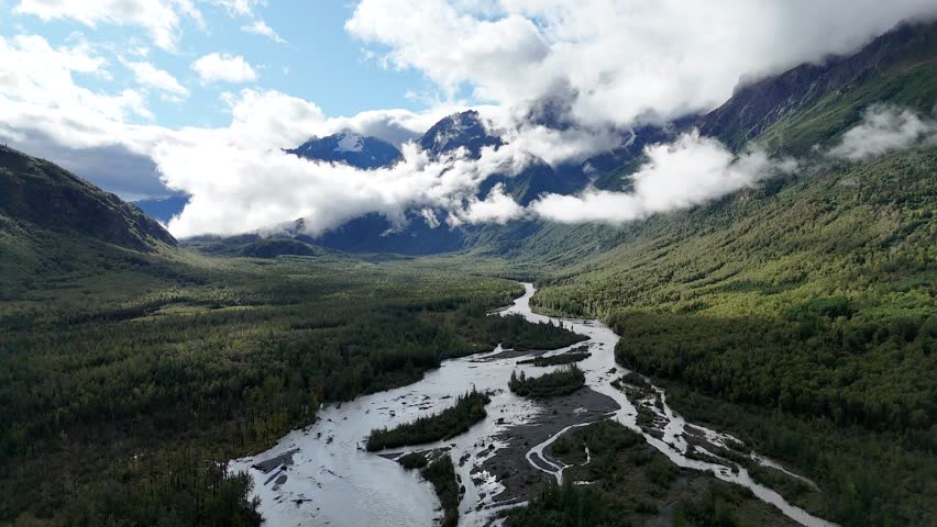 Cinematic Drone Flight over Eagle River in Chugach Mountains