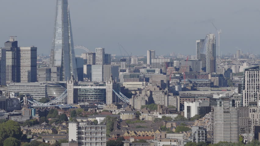 Establishing aerial view of London. Iconic skyline of the capital of the United Kingdom