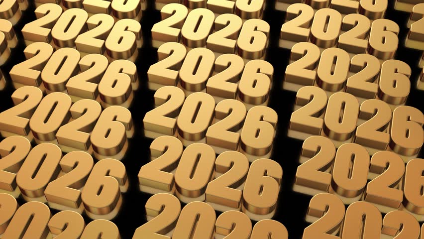 Happy New Year 2026 green screen chroma key. Happy New Year celebration concept.New Year 2026. Golden 3D numbers. Gold bars in the form of the numbers 2026. Moving and rotating fast. Wealth in 2026