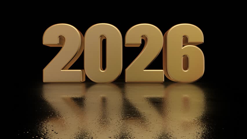 Happy New Year 2026 green screen chroma key. Happy New Year celebration concept.New Year 2026. Golden 3D numbers. Gold bars in the form of the numbers 2026. Moving and rotating fast. Wealth in 2026