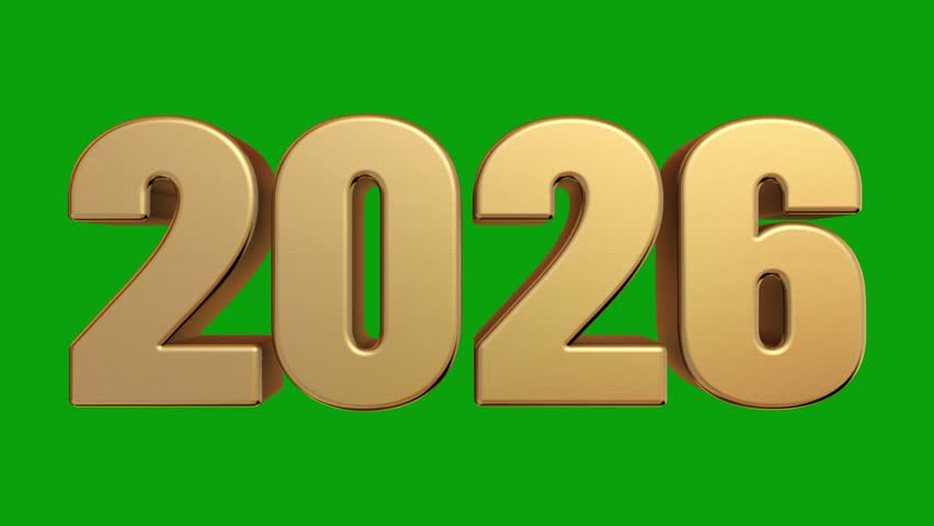 Happy New Year 2026 green screen chroma key. Happy New Year celebration concept.New Year 2026. Golden 3D numbers. Gold bars in the form of the numbers 2026. Moving and rotating fast. Wealth in 2026