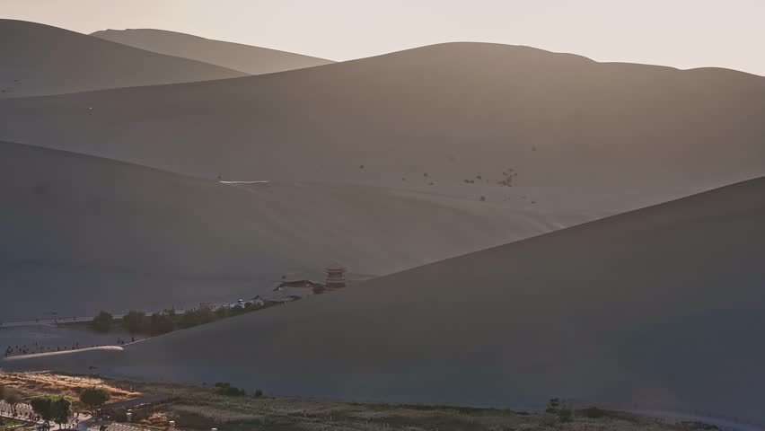 aerial view of the beautiful crescent moon spring, famous tourist destination on the silk road, dunhuang city, gansu province, China.