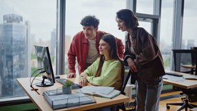 Startupers discussing project online talking to laptop webcam in creative agency office closeup. Smiling business team greeting hands video calling. Friendly colleagues virtual meeting at workplace  - Powered by Shutterstock - Get 15% off with code: PIKWIZARD15