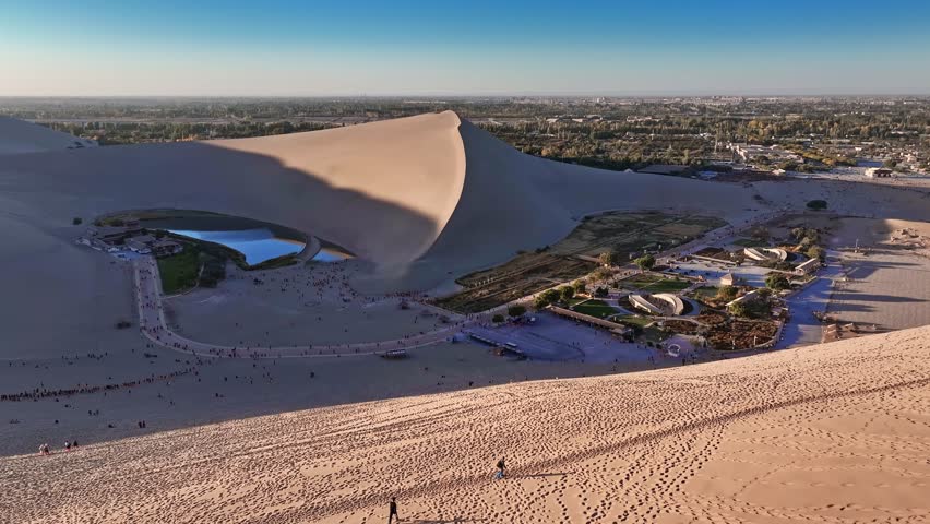 aerial view of the beautiful crescent moon spring, famous tourist destination on the silk road, dunhuang city, gansu province, China.