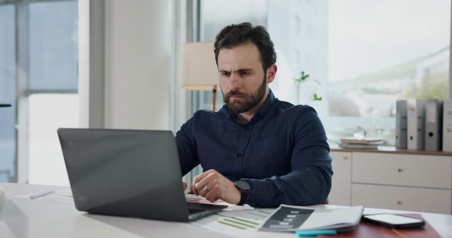 Confused, laptop and business man reading with chart glitch, budget error or problem solving. Computer, think and accountant typing email with doubt, 404 or give up with financial analysis in office