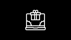 A white line drawing of a laptop with a gift box on the screen, suggesting online shopping or a present, on a black backdrop. - Powered by Shutterstock - Get 15% off with code: PIKWIZARD15