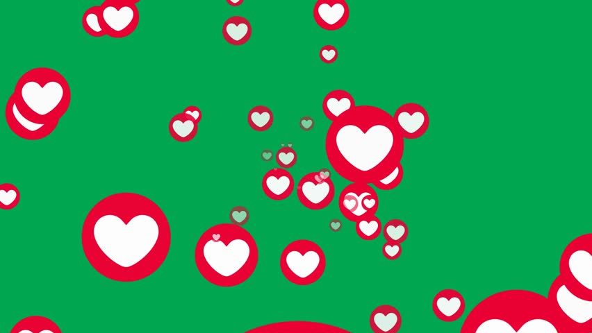 Randomly flowing red heart love icon animation overlay from the center on green screen. 4K animated for heart overlays, favorite reaction, love effects, and motion graphics.