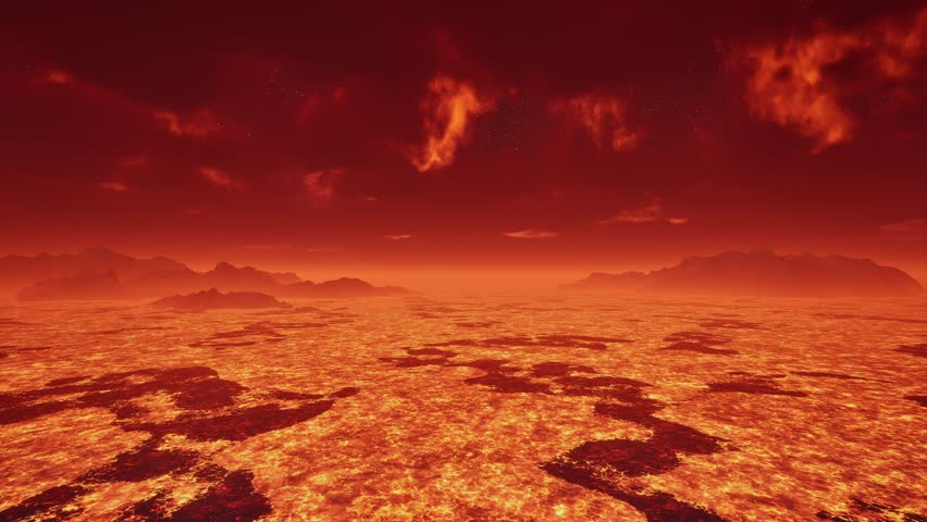 3D. Venus - An infernal landscape of lava and burning rock. Front shot