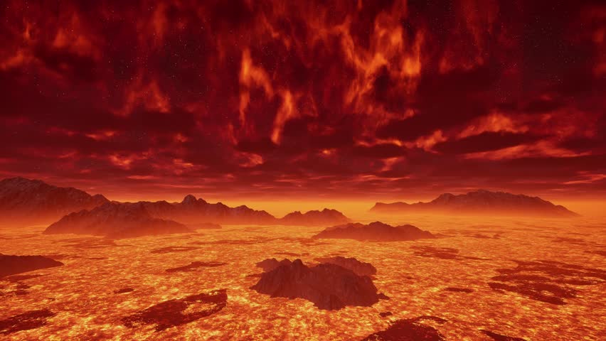 3D. Venus - An infernal landscape of lava and burning rock. Circular shot