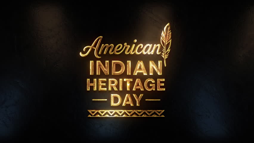 Golden glowing text animation for American Indian Heritage Day with feather and tribal elements. Ideal for cultural celebrations, history events, education, and heritage presentations.