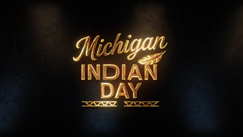 Golden text animation for Michigan Indian Day celebration with glowing feather and tribal design. Perfect for cultural events, history presentations, and heritage-themed video projects.