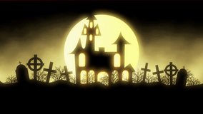 A haunted castle stands silhouetted against a full moon, surrounded by tombstones and a flying bat, creating a classic halloween scene filled with spooky mystery 4k video - Powered by Shutterstock - Get 15% off with code: PIKWIZARD15