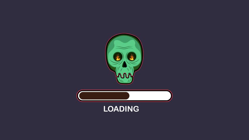 Halloween loading animation with a detailed green skull, flaming eyes, and smooth progress bar filling effect on dark background. Ideal for horror game intros, spooky trailers, or creepy UI screens.