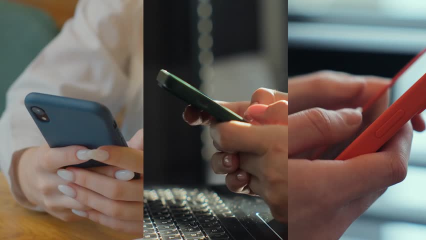 Multiscreen view of people using smartphones in everyday life, highlighting digital connectivity, mobile technology, communication, and modern lifestyle.
