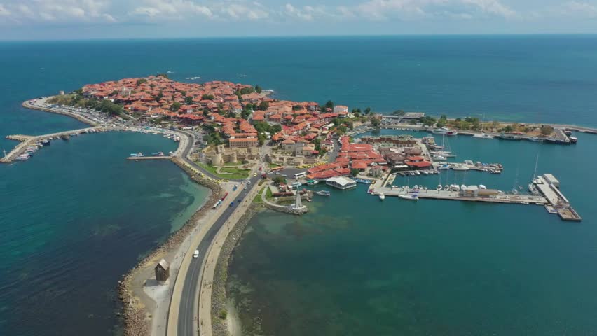 Aerial view of nessebar, an ancient city on a rocky peninsula in bulgaria