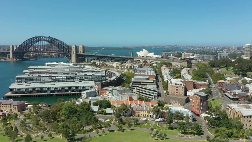 Aerial view of sydney harbour bridge and sydney opera house on a sunny day