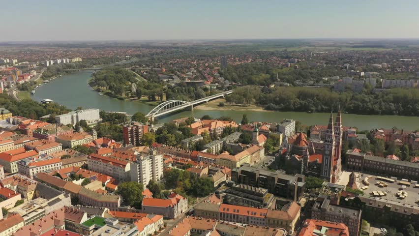 Aerial view of szeged, hungary, featuring the tisza river and cityscape