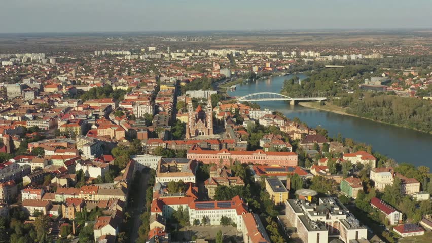 Aerial view of szeged, hungary, showcasing its architecture and river