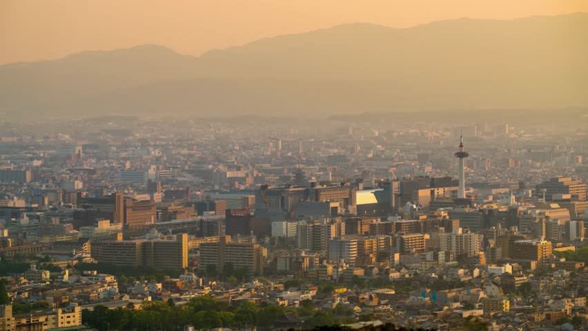 Panoramic aerial view of kyoto, japan with the kyoto tower in the distance