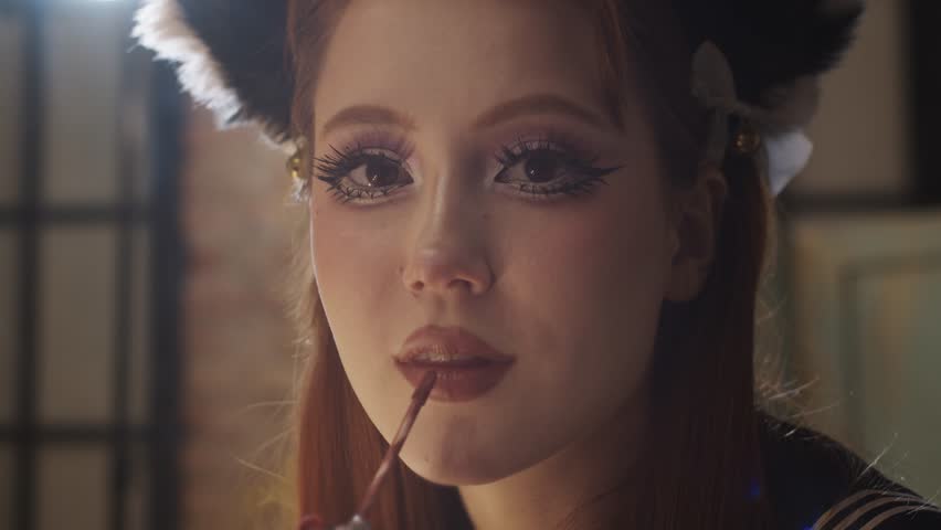 Beautiful cosplay girl applying lip gloss