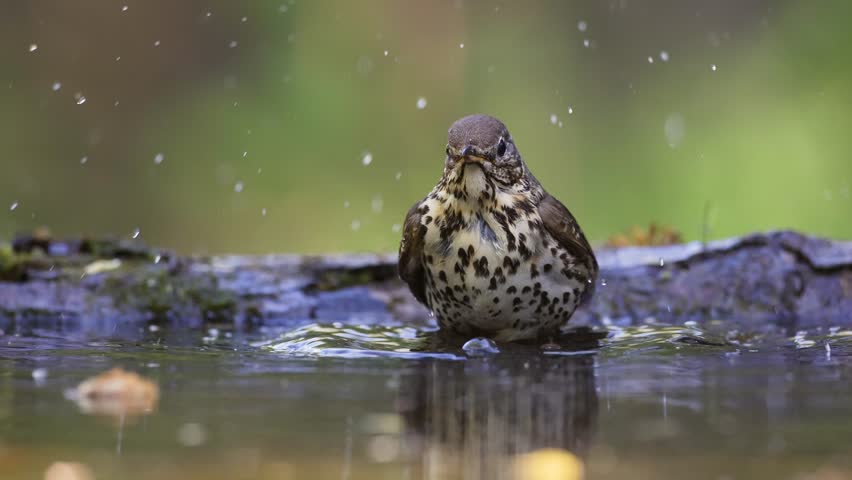 Bird - Song Trush Turdus philomelos in the forrest waterhole amazing warm light bird drinking water and bathing