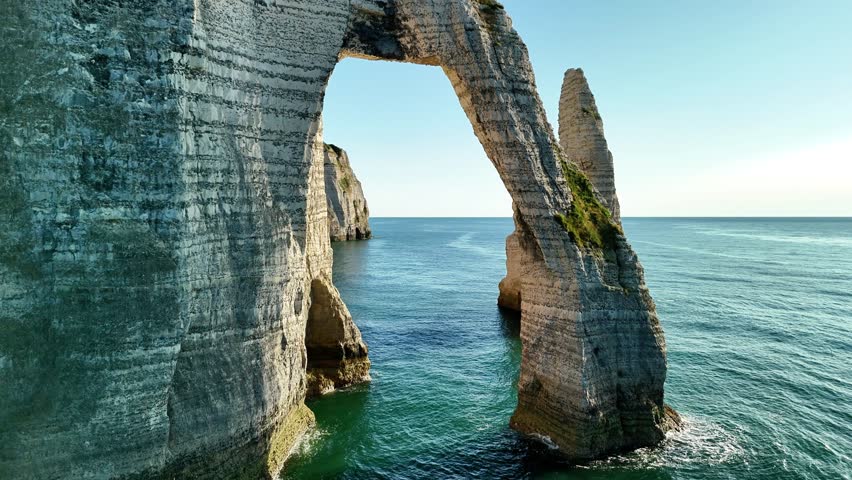 Aerial view of Etretat cliffs in France showcasing stunning natural beauty and coastal landscape