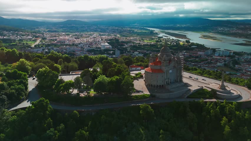 Aerial view of the Sanctuary of the Sacred Heart of Jesus in Viana do Castelo, Portugal. Catholic church with domed architecture and panoramic coastal views. Santuario do Sagrado Coracao de Jesus