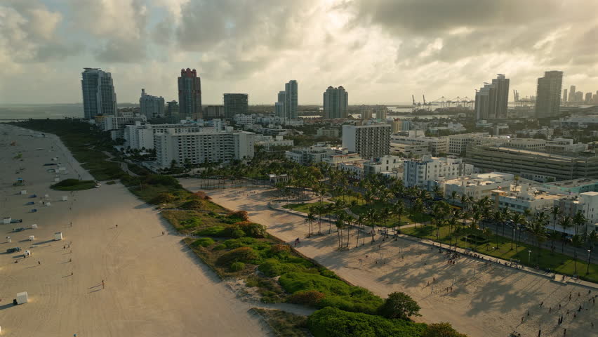 Miami Beach Oceanfront Skyline with Sunset Light Aerial