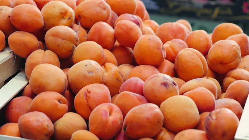 Close-up of ripe apricot stacked at a grocery market. Ideal for healthy food. Agriculture, organic products concept. High quality 4k footage