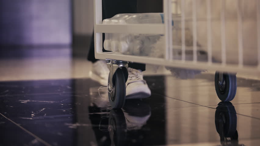 Hotel maid pushing trolley with clean linen and water bottles down corridor