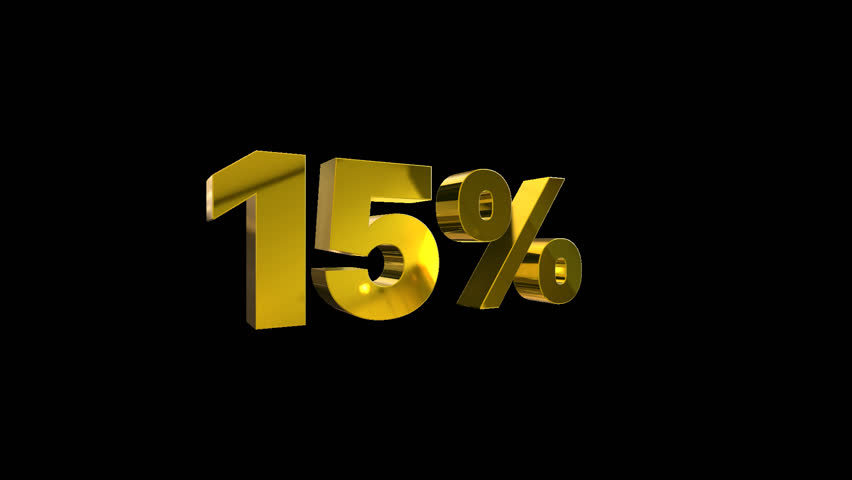 Animated 3D golden "15%" percentage rotating seamlessly on transparent background. Ideal for Black Friday sales, promotions, holiday offers, and marketing design.