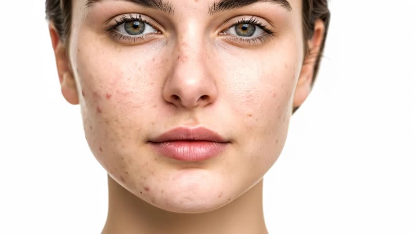 Close-Up of Young Woman’s Face with Visible Acne and Skin Blemishes – Detailed Facial Texture and Imperfections for Skincare and Dermatology Stock Footage