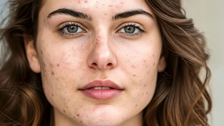 Close-Up of Young Woman’s Face with Visible Acne and Skin Blemishes – Detailed Facial Texture and Imperfections for Skincare and Dermatology Stock Footage