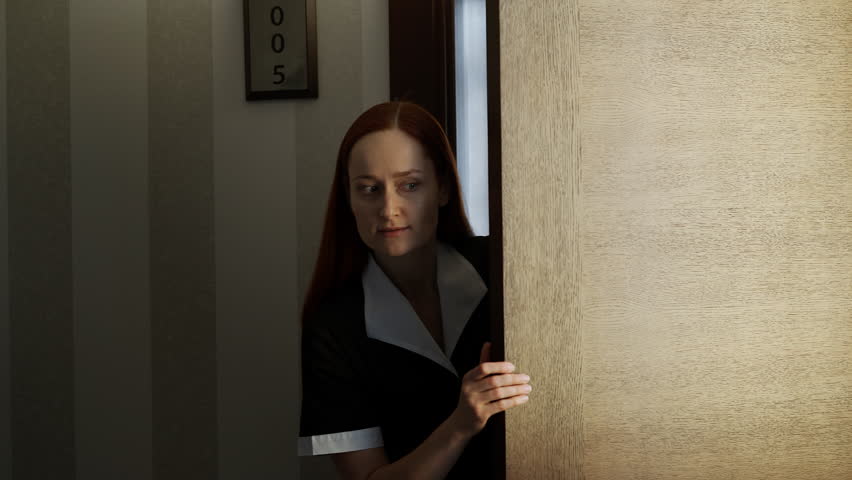 Maid quietly exiting guest room after stealing, poor and untrustworthy service