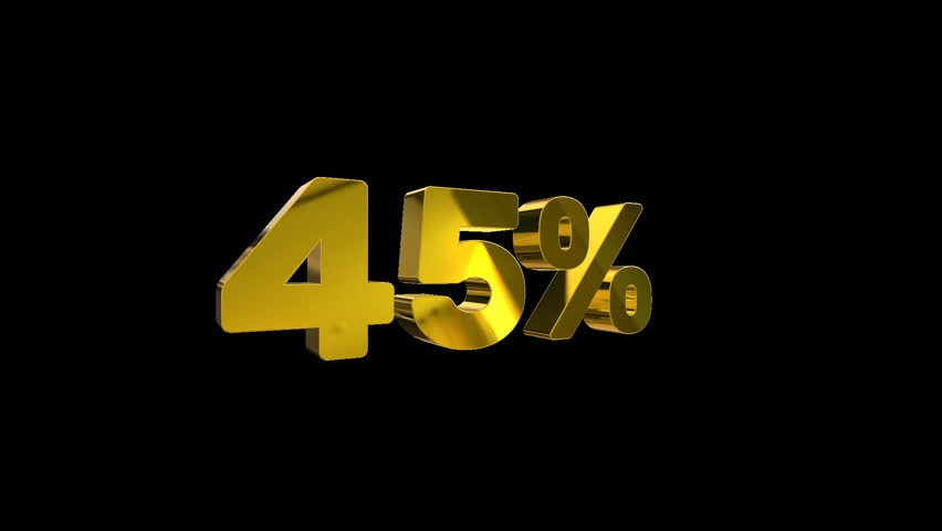 Animated 3D golden "45%" text rotating on transparent background. Perfect for Black Friday offers, holiday discounts, retail sales, and ecommerce promotions.