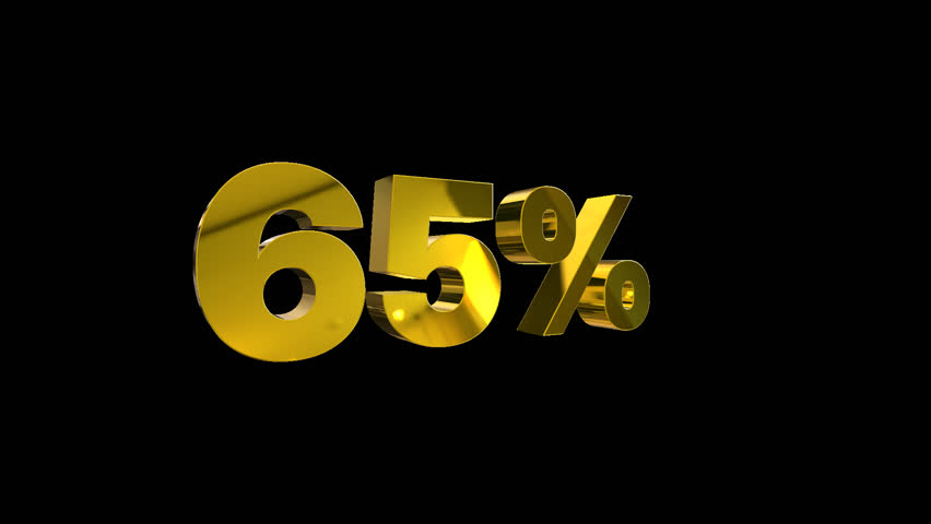 Animated 3D golden "65%" rotating on transparent background. Ideal for holiday shopping sales, Black Friday promotions, ecommerce discounts, and marketing visuals.