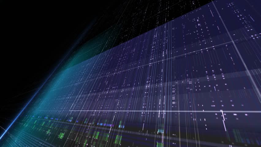 A futuristic digital background featuring flowing neon grid lines and glowing data particles. Perfect for sci-fi projects, tech presentations, or high-tech motion design, etc. Render. Video in loop.