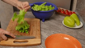 Hands slicing fresh lettuce on a wooden cutting board in a home kitchen, close-up of knife work and salad prep with vegetables and colander in the background. A woman is cutting green lettuce on a - Powered by Shutterstock - Get 15% off with code: PIKWIZARD15